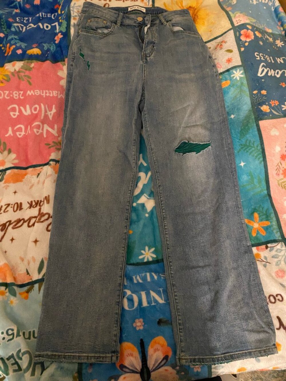 Mini Jeans Temptation Size 30 Blue Distressed Wide Leg Jeans Green Patch Y2K